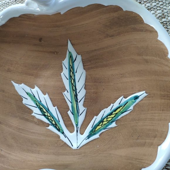Italian Terracotta Hand Painted Bowl Basket Glazed Faux Wood Etched Leaf 7" - Picture 9 of 12